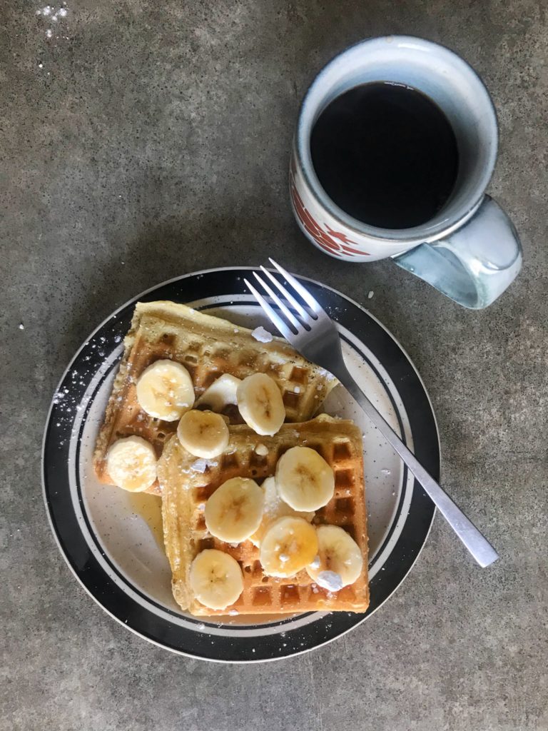 Waffles with banana slices and cup of coffee | RealLifeWithDad.com