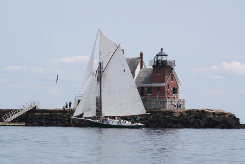 Friendship Sloop in front of Rockland Breakwater lighthouse | RealLifeWithDad