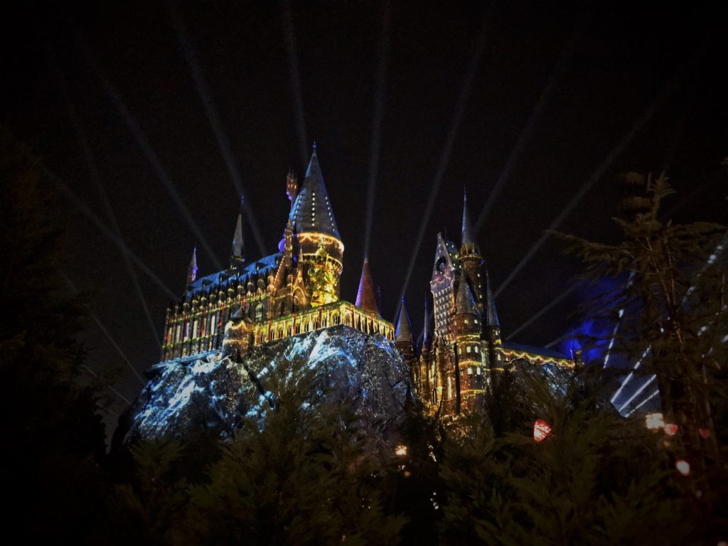 hogwarts castle, lit for christmas