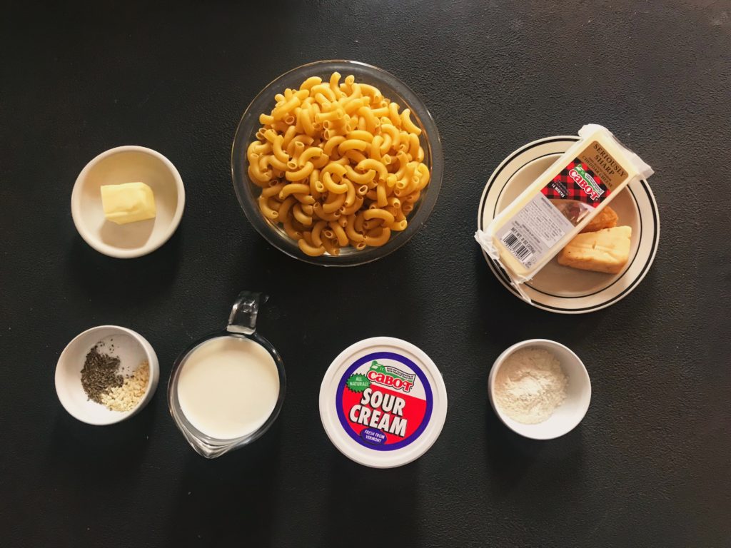 Mac and cheese ingredients laid out.