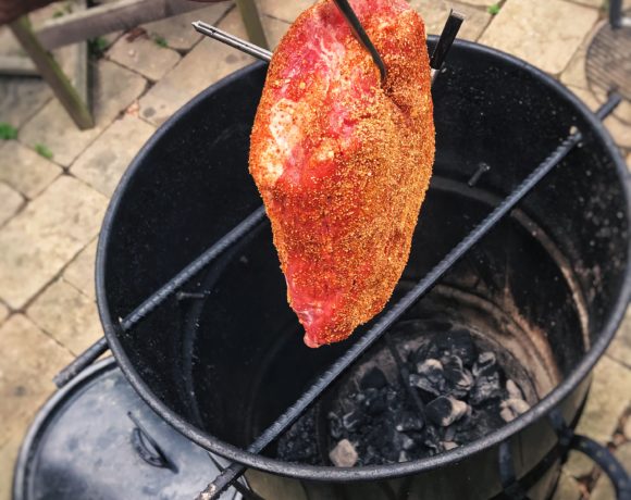 corn beef going in the smoker