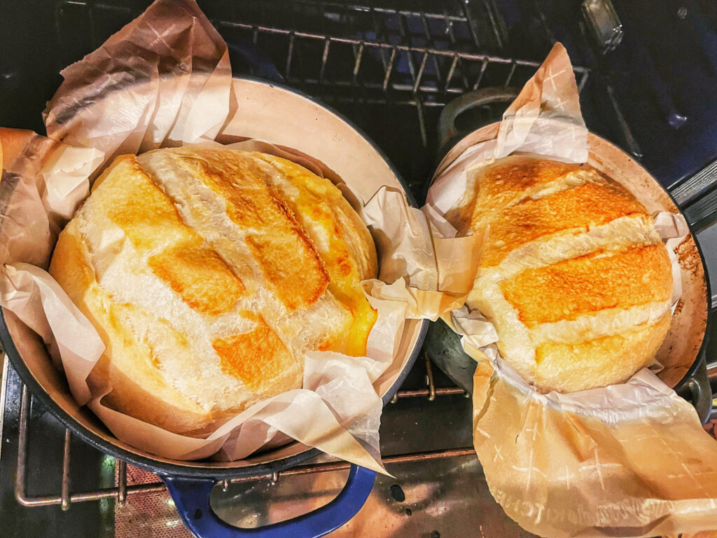 Two loaves of sourdough in the oven